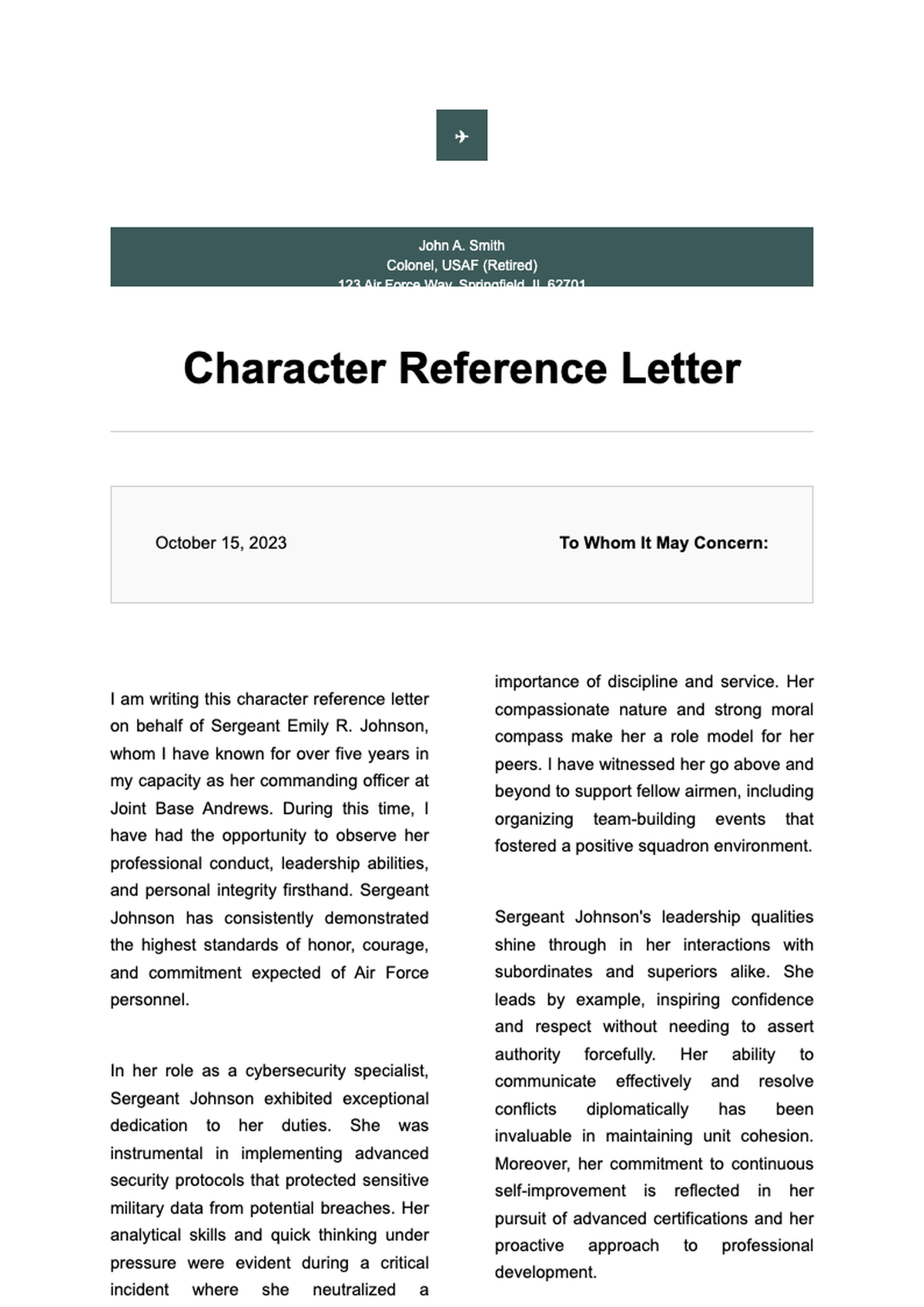 Air Force Character Reference Letter Template with Header and Contact Info_variant_1